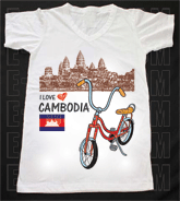 เสื้อยืดคอวีพร้อมสกรีนลายแหล่งท่องเที่ยว ลายประเทศกัมพูชา